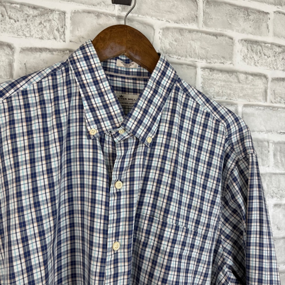 Peter Millar Crown Soft Mens XL Blue Plaid Cotton Silk Stretch Button Down Shirt